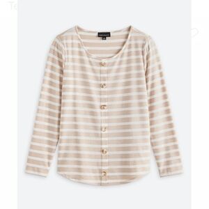 Striped Button-Front Crewneck Sweater - Beige & White